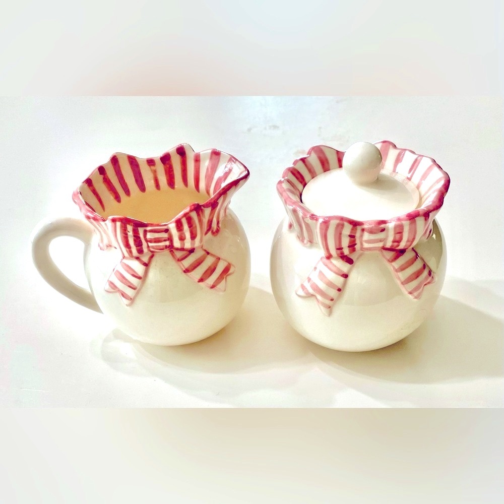 Vintage Ceramic Pink Stripe White Halden Matching Creamer Sugar Tea Party Set